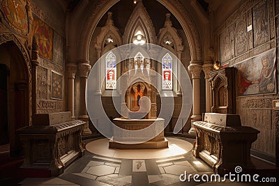 medieval throne room with intricate stone work, stained glass windows, and banners Stock Photo