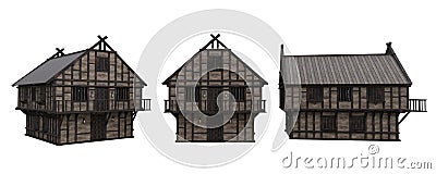 Medieval timber framed house shown from three different angles. 3D rendering isolated on a white background Cartoon Illustration
