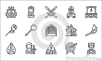 Medieval times line icons. linear set. quality vector line set such as king, church, bishop, dartboard, crusader, rose, medieval Vector Illustration