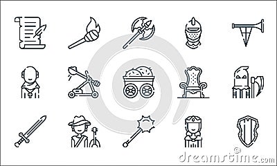 Medieval times line icons. linear set. quality vector line set such as wooden, mace, sword, queen, bard, friar, throne, helmet, Vector Illustration