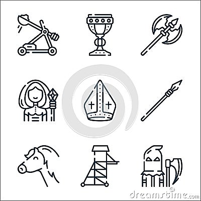 Medieval times line icons. linear set. quality vector line set such as executioner, tower, horse, lance, bishop, witch, ax, holy Vector Illustration