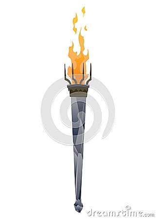 Medieval torch with burning fire. Ancient realistic metal torch with flame. Cartoon game element vector illustration Vector Illustration