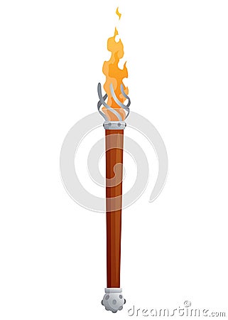 Medieval torch with burning fire. Ancient realistic wooden torch with flame. Cartoon game element vector illustration Vector Illustration