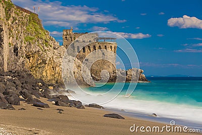 Medieval tower on the coast of Maiori town, Amalfi coast, Campania region, Italy Stock Photo