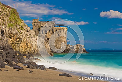 Medieval tower on the coast of Maiori town, Amalfi coast, Campania region, Italy Stock Photo