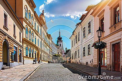 Medieval Town Pisek and historic old street in Southern Bohemia, Czech Republic. Pisek has the oldest preserved early Gothic Editorial Stock Photo