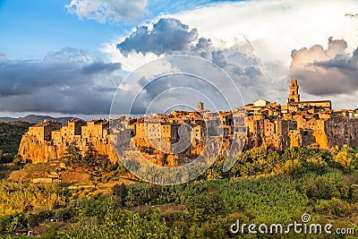 Medieval town of Pitigliano at sunset, Tuscany, Italy Stock Photo