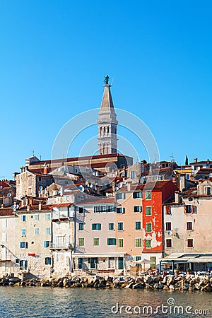 Medieval town of Rovinj, colorful with houses and church Editorial Stock Photo