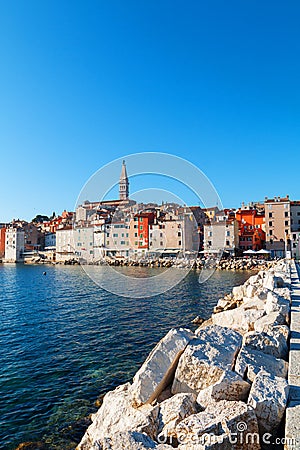 Medieval town of Rovinj, colorful with houses and church Editorial Stock Photo