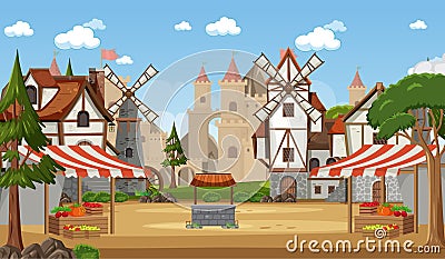 Medieval town scene with market place Vector Illustration