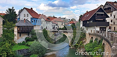 Medieval town Skofja Loka in Slovenia - look on the river Stock Photo