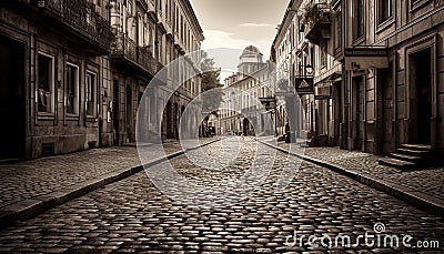 Medieval town square with old fashioned architecture and cobblestone footpath generated by AI Stock Photo