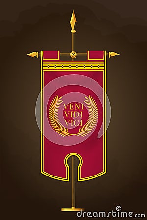 Medieval Vertical Banner with Latin Quote. Veni Vidi Vici. Wall Hangings Flag. War Pennant for Game with Easy Replaceable Emblem Vector Illustration