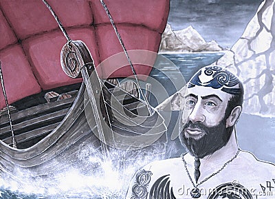 Medieval vikings` wooden long ship and a viking warrior, hand drawn illustration, Scandinavian history concept Stock Photo
