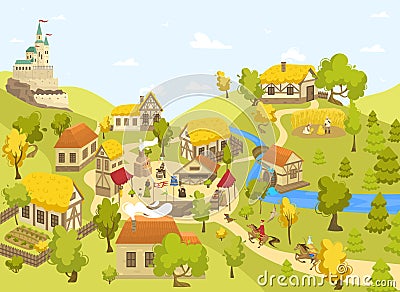 Medieval village with castle, half timbered houses and people on market square, vector illustration Vector Illustration