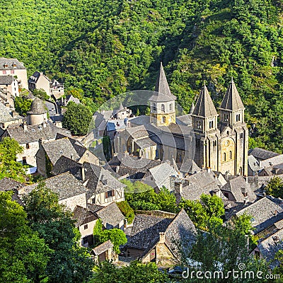 Medieval village of Conques and Sainte-Foy Abbey , France Stock Photo