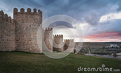 Medieval Walls of Avila City at sunset - Avila, Castile and Leon, Spain Stock Photo