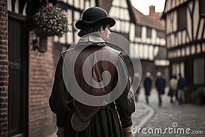 Medieval wanderer on the street of the old city. Neural network AI generated Stock Photo