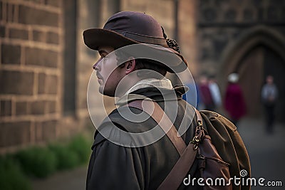 Medieval wanderer on the street of the old city. Neural network AI generated Stock Photo