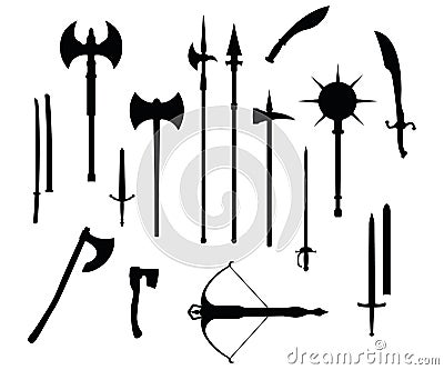 Medieval war type of weapon, set icon crossbow, sword, axe, pike mace and katana old cold weaponry black silhouette vector Vector Illustration