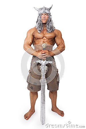 Medieval warior with sword isolated. Stock Photo