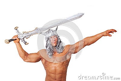 Medieval warior with sword isolated. Stock Photo