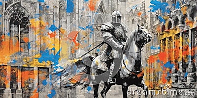 Medieval warrior on the horse and in armor. Contemporary art collage. Beautiful illustration picture. Generative AI Cartoon Illustration