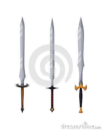 Medieval weapon collection. Ancient weaponry, war and heraldry concept. Illustration of melee weapon icons. World melee Vector Illustration