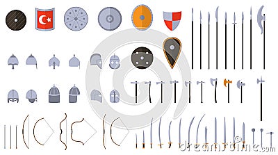 Medieval weapons and armors set. Medieval warrior equipment. Vector Illustration