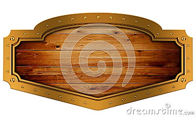 Medieval wood sign with metal golden frame. Stock Photo