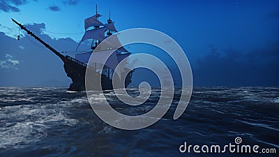 Medieval Wooden boats on the sea in the fog. Pirates sailing down the sea on a ship. 3D Rendering Stock Photo