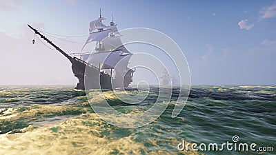 Medieval Wooden boats on the sea on a Sunny day. Pirates sailing down the sea on a ship. 3D Rendering Stock Photo