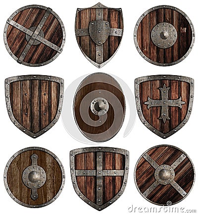 Medieval wooden shields collection isolated Stock Photo