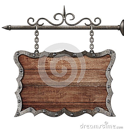 Medieval wooden sign board hanging on chains isolated Stock Photo