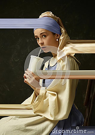 Medieval young woman as a lady with a pearl earring, creative design, art vision Stock Photo