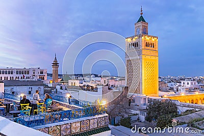 Rooftop cafe overlooking the Great Mosque in the Medina of Tunis Editorial Stock Photo