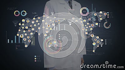 Medique tela digital tocante, pessoa conectado, usando a tecnologia de comunicação com diagrama econômico, carta, gráfico Medique tela digital tocante, pessoa conectado, usando a tecnologia de comunicação com diagrama econômico, carta, gráfico