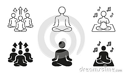 Meditate In Zen Pose Silhouette and Line Icons Set. Wellness and Relax Pictogram. Group Yoga Exercises Black Symbol Vector Illustration