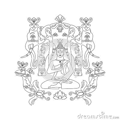 Meditating Buddha, elephant Erawan and fish. Zen art. Illustration. Vector Illustration