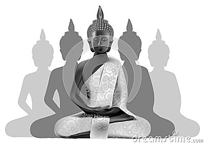 Meditating Buddha posture in silver and black colors with silhou Vector Illustration