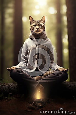 Meditating cat, sitting in lotus pose and mindfully meditate. Mental healthy concept of home feline pets Stock Photo