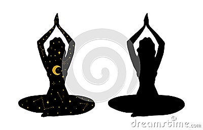 Meditating girl with space and moon inside, black silhouette, set. Mystical esoteric symbol for yoga, tantra, tarot Vector Illustration