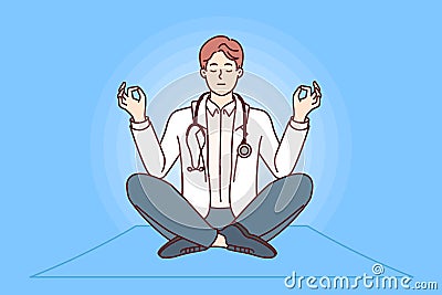 Meditating male doctor sitting in lotus position and taking break to practice stress-relieving yoga. Vector Illustration