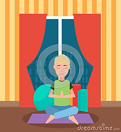 Meditating Man Sitting Cross-Legged on Mat Vector Vector Illustration