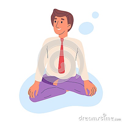 Meditating office worker. Relaxing businessman in lotus pose, tranquil peaceful male employee practicing yoga flat cartoon vector Vector Illustration