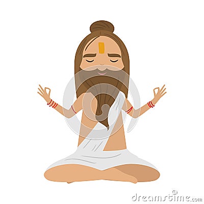Meditating old yogi man with brown hair and beard sitting in a lotus position. Vector illustration in flat cartoon style Vector Illustration