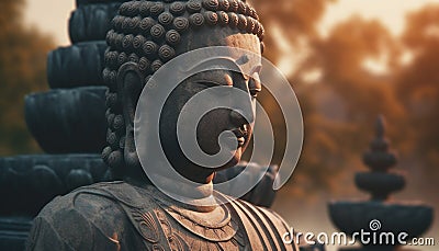 Meditating statue in tranquil pagoda, symbolizing spirituality and harmony generated by AI Stock Photo