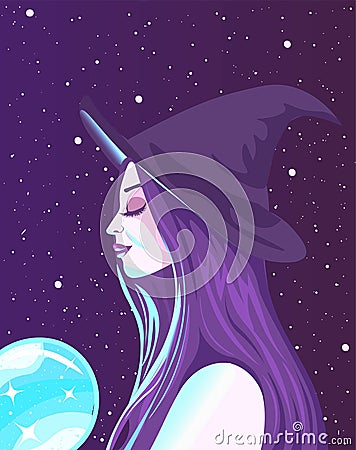 Meditating wiccan witch with purple hair holding a glowing neon crystal ball. Fortune teller absorbing energy from a magic object Vector Illustration