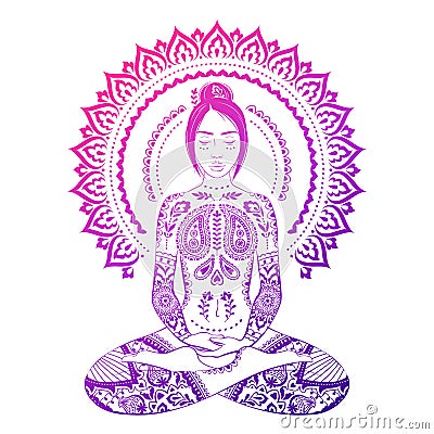 Meditating woman tribal ornamental tattooes in lotus pose. Yoga illustration. Vector Illustration