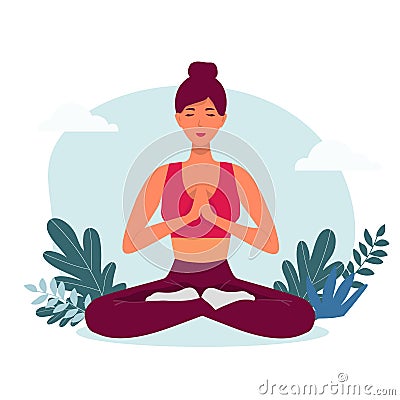 meditating woman. Vector illustration of cartoon young woman sitting in yoga lotus position surrounded Vector Illustration